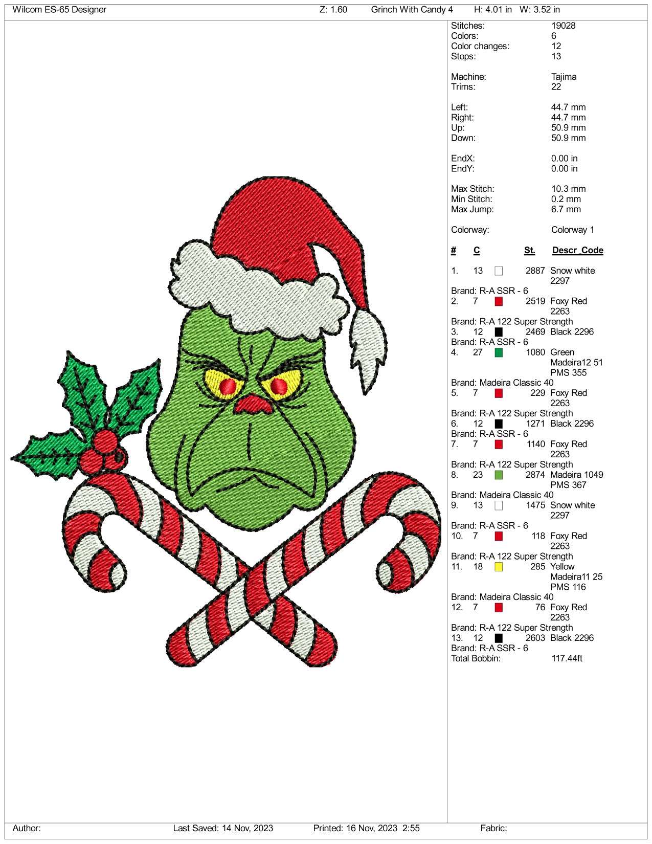 Grinch Face v9 Embroidery Design Files - 3 Size's