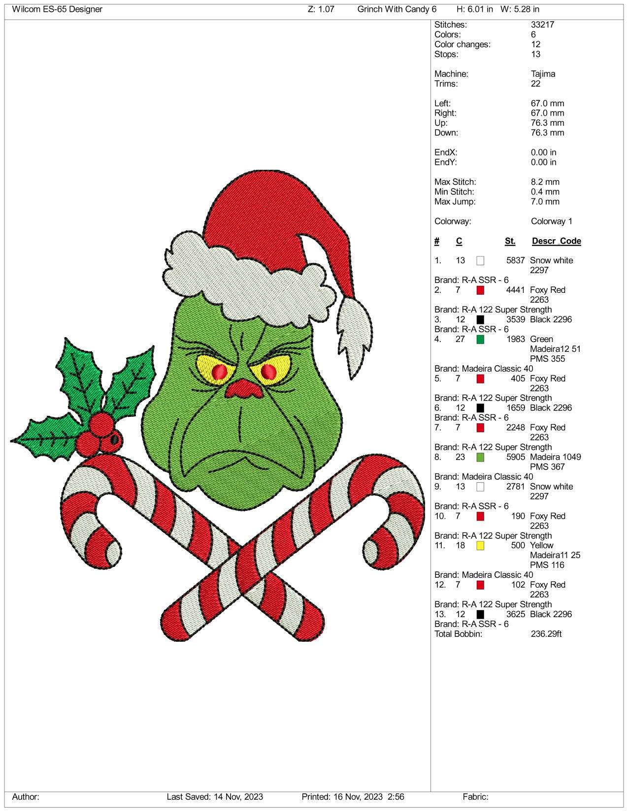 Grinch Face v9 Embroidery Design Files - 3 Size's