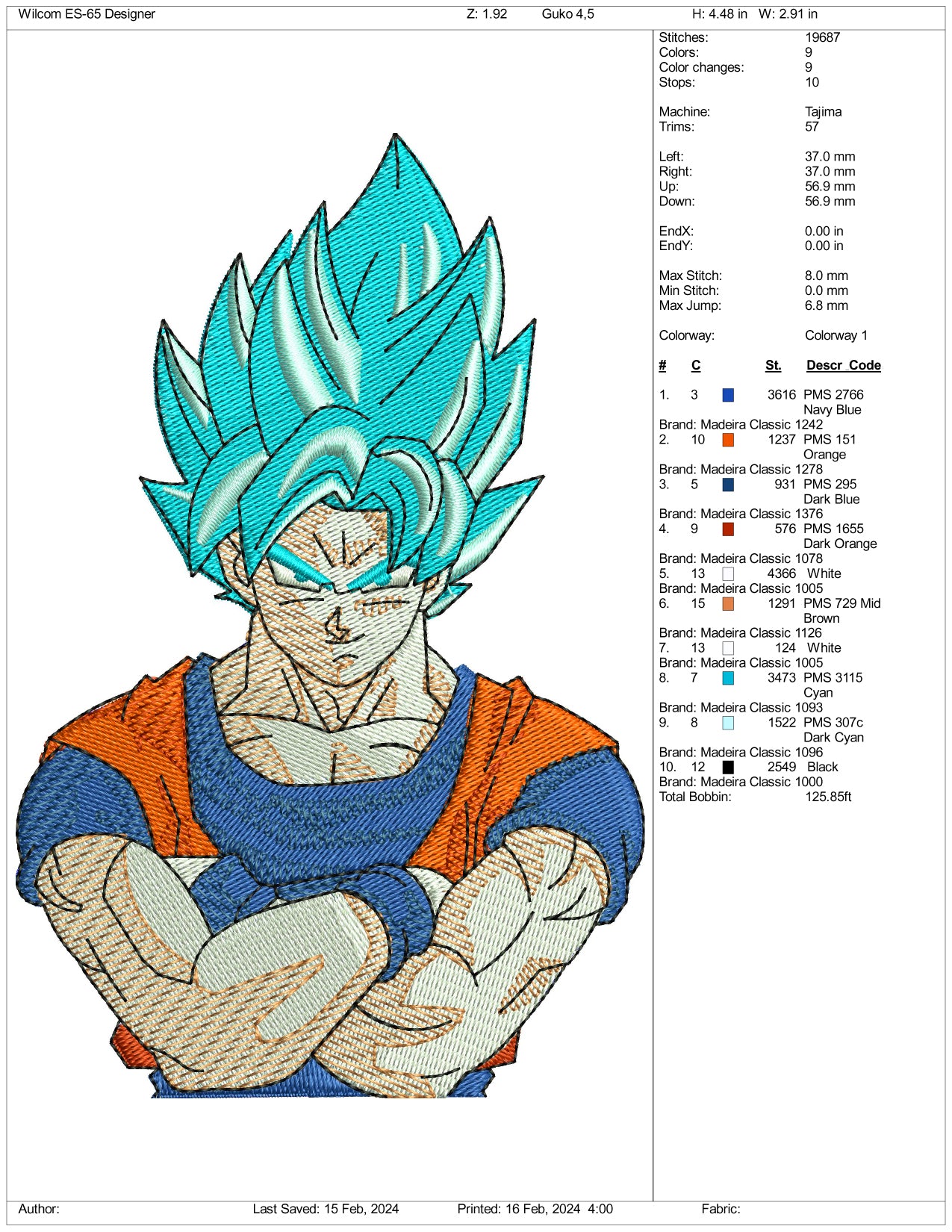 Super Saiyan Goku v2 Embroidery Design Files - 3 Size's