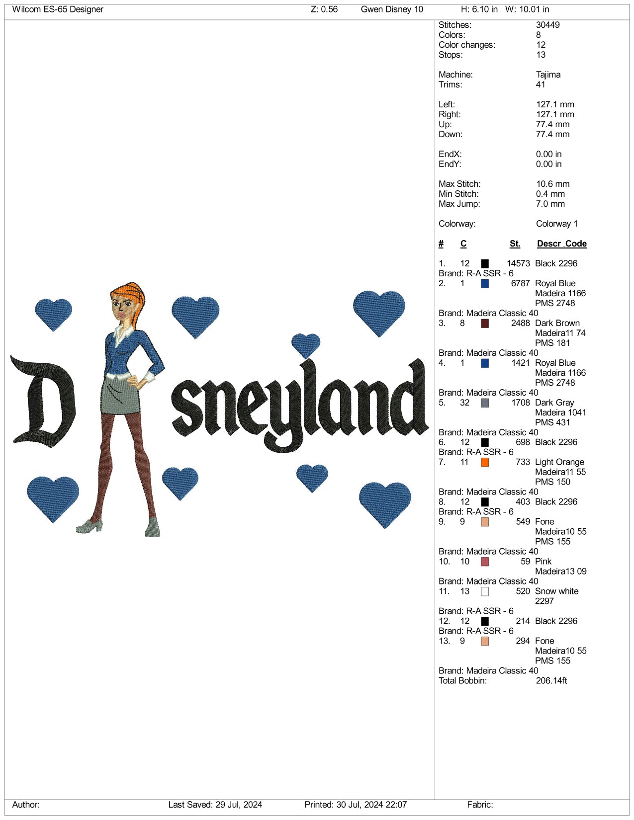 Gwen Disneyland Embroidery Design Files - 3 Size's