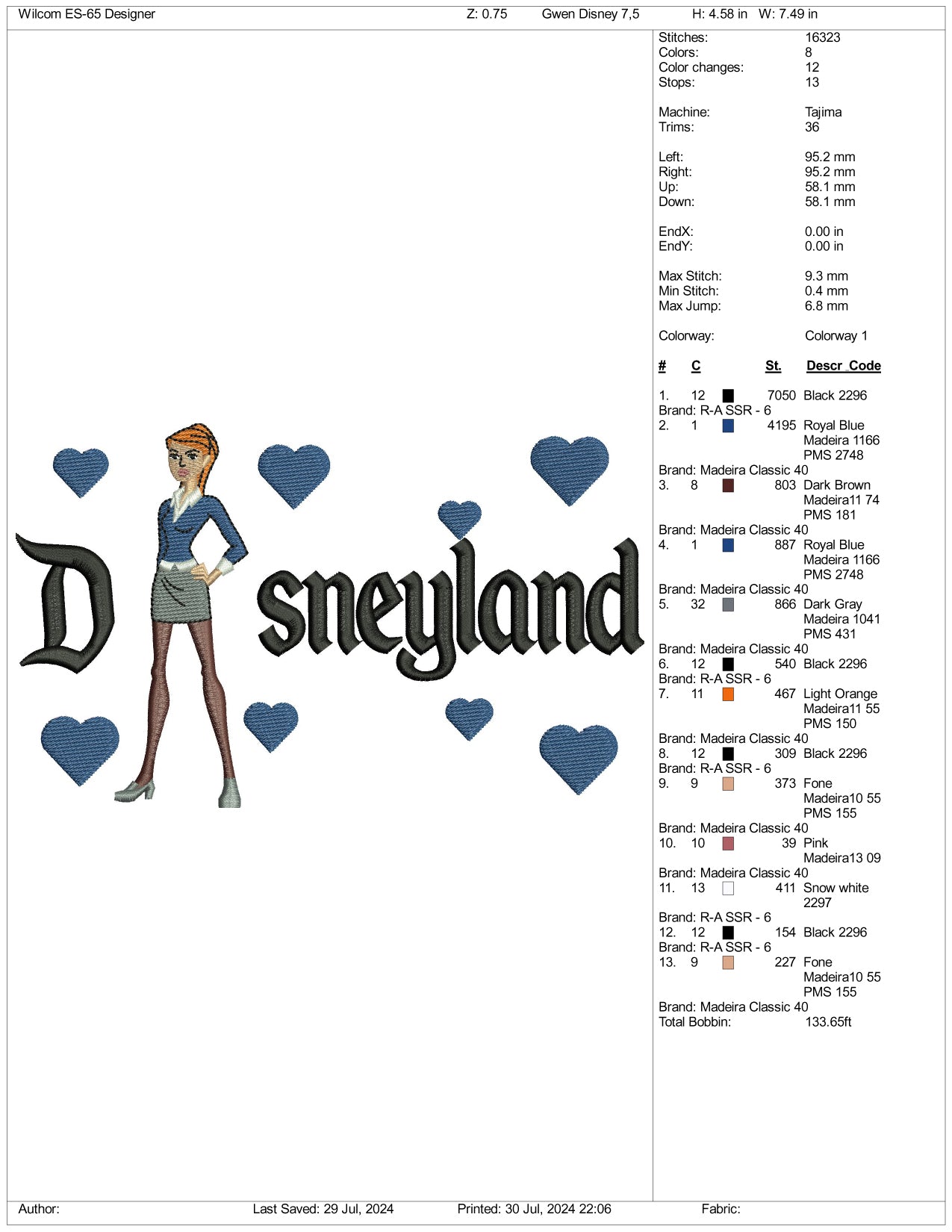 Gwen Disneyland Embroidery Design Files - 3 Size's