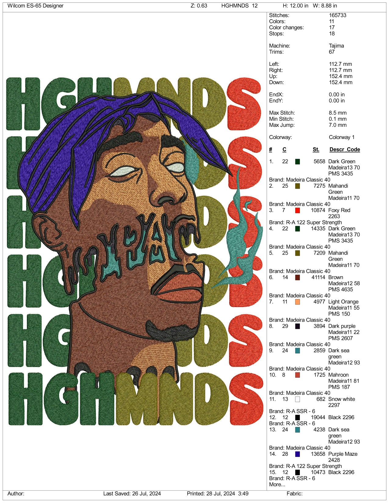 Tupac Shakur Art Embroidery Files - 3 Size's