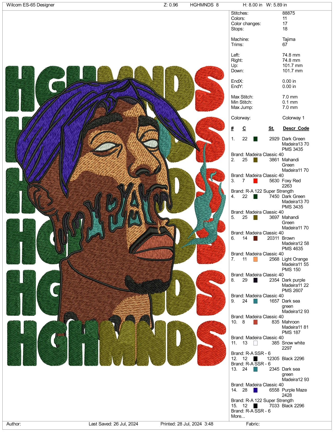 Tupac Shakur Art Embroidery Files - 3 Size's