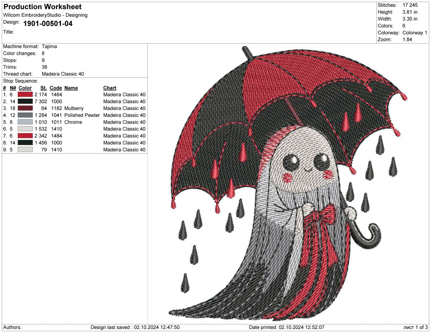 Umbrella Ghost Embroidery Design Files - 7 Size's