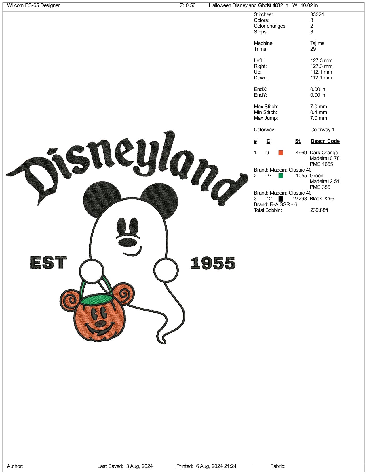 Disneyland Mickey Boo est 1955 Embroidery Files - 3 Size's