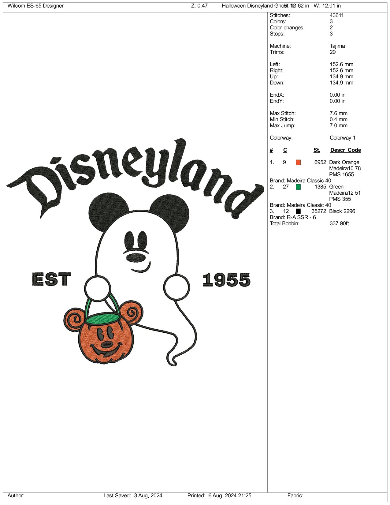 Disneyland Mickey Boo est 1955 Embroidery Files - 3 Size's