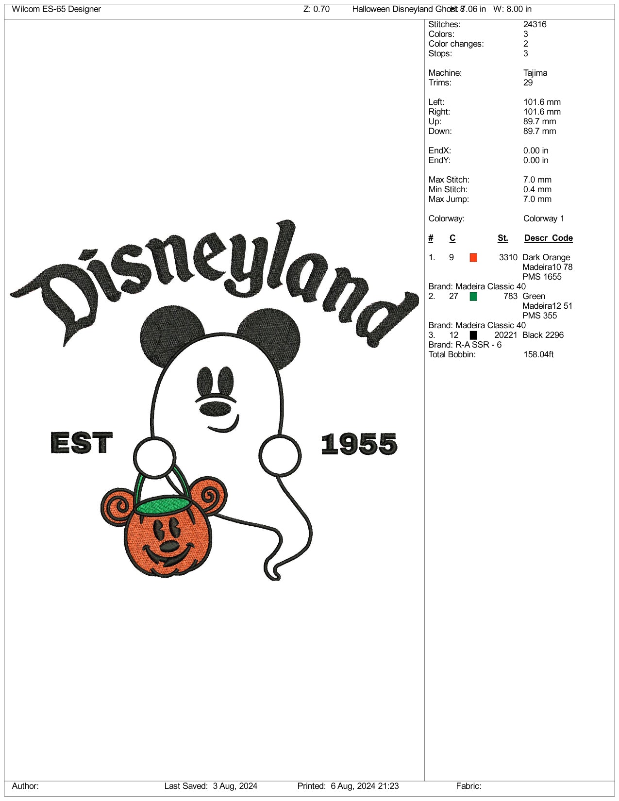 Disneyland Mickey Boo est 1955 Embroidery Files - 3 Size's