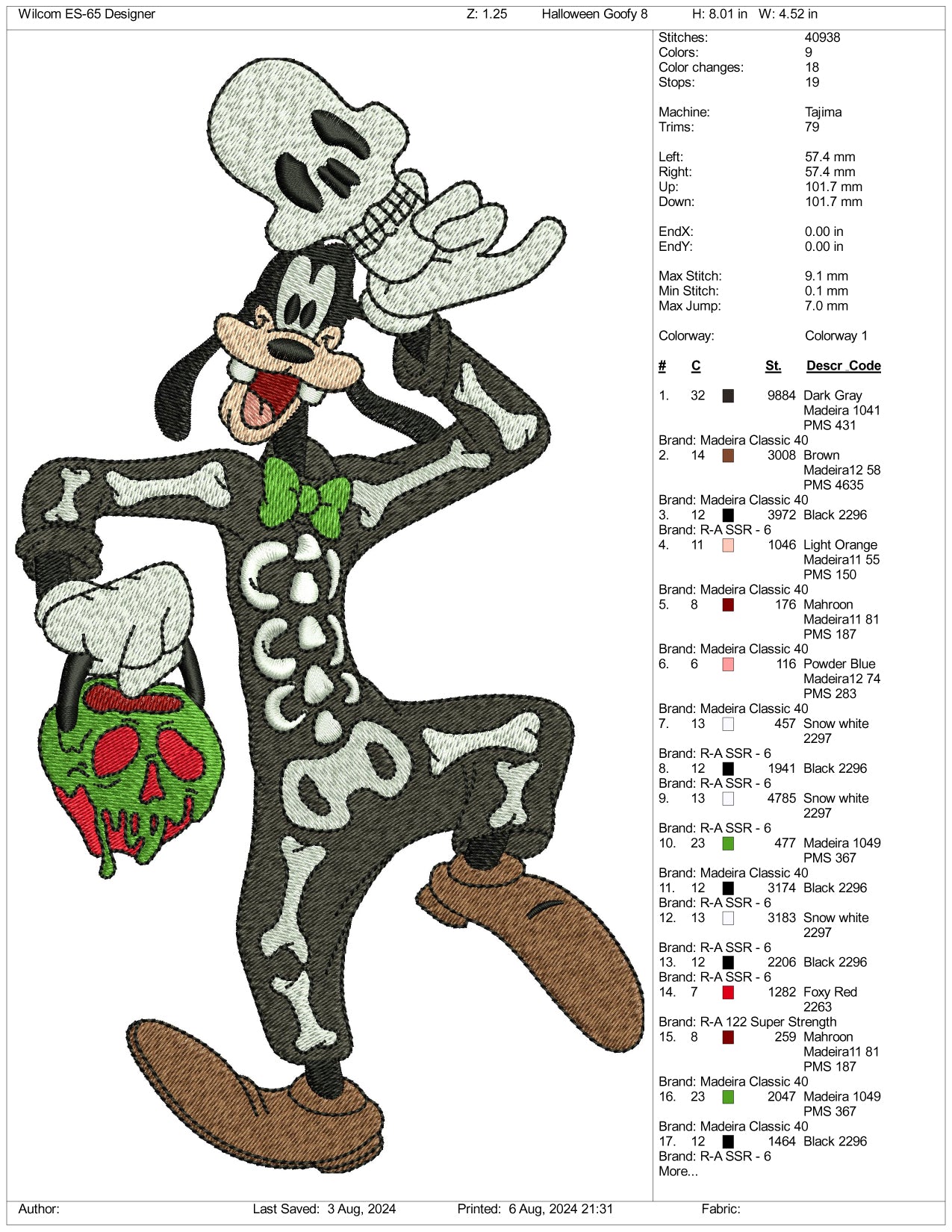 Halloween Goofy Embroidery Files - 3 Size's