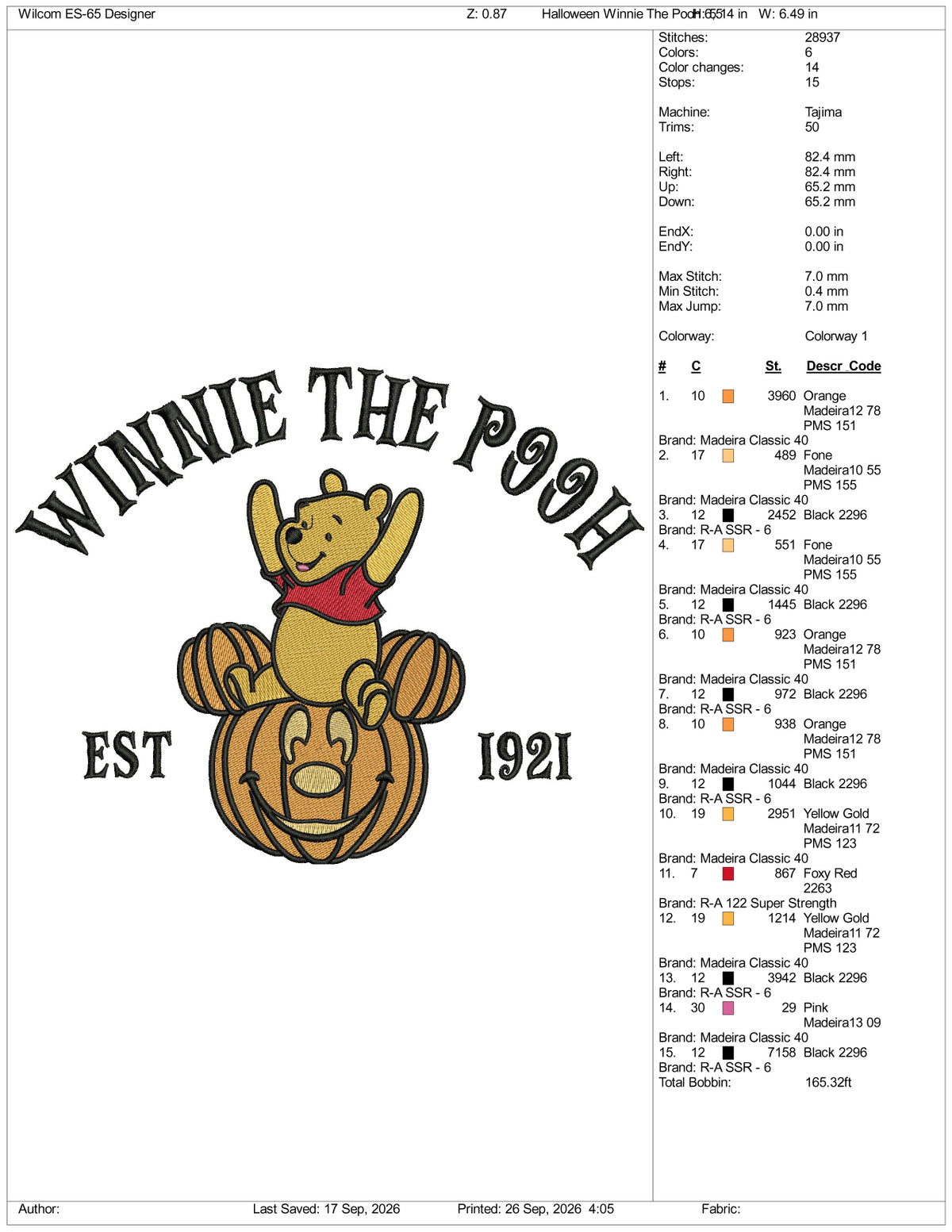 Winnie The Pooh Est 1921 Halloween  Embroidery Design Files - 3 Size's