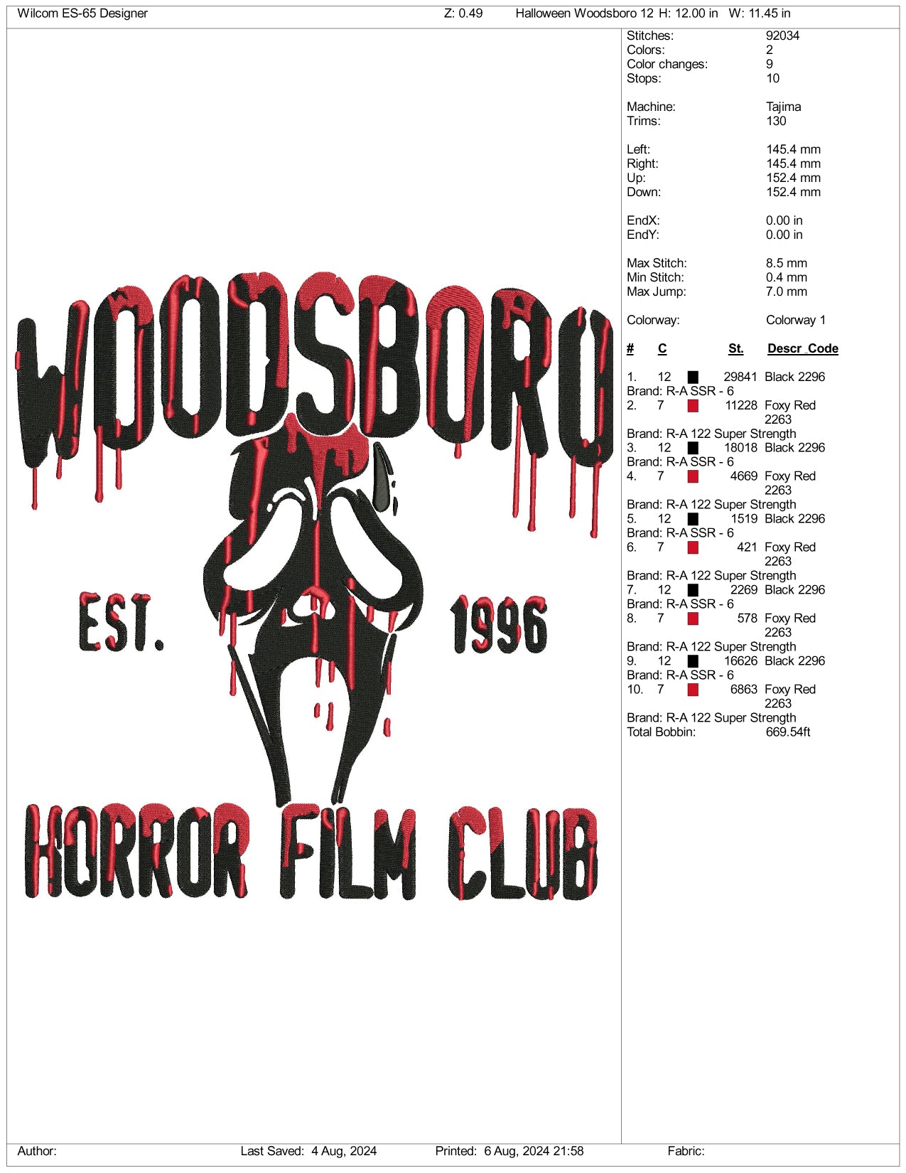 Woodsboro Horror Film Club est 1996 Embroidery Files - 3 Size's