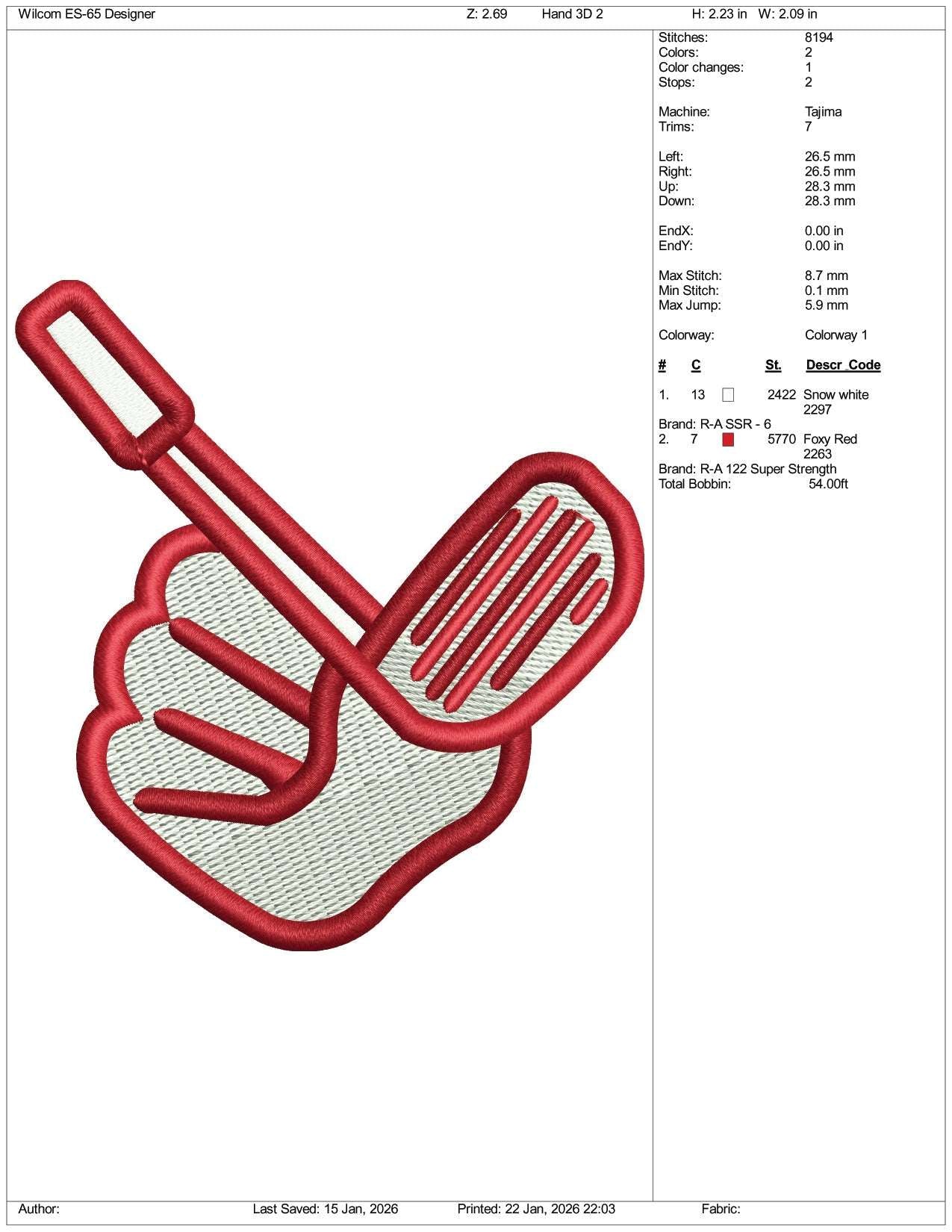 Golf Hand v2 Embroidery Design Files - 1 Size