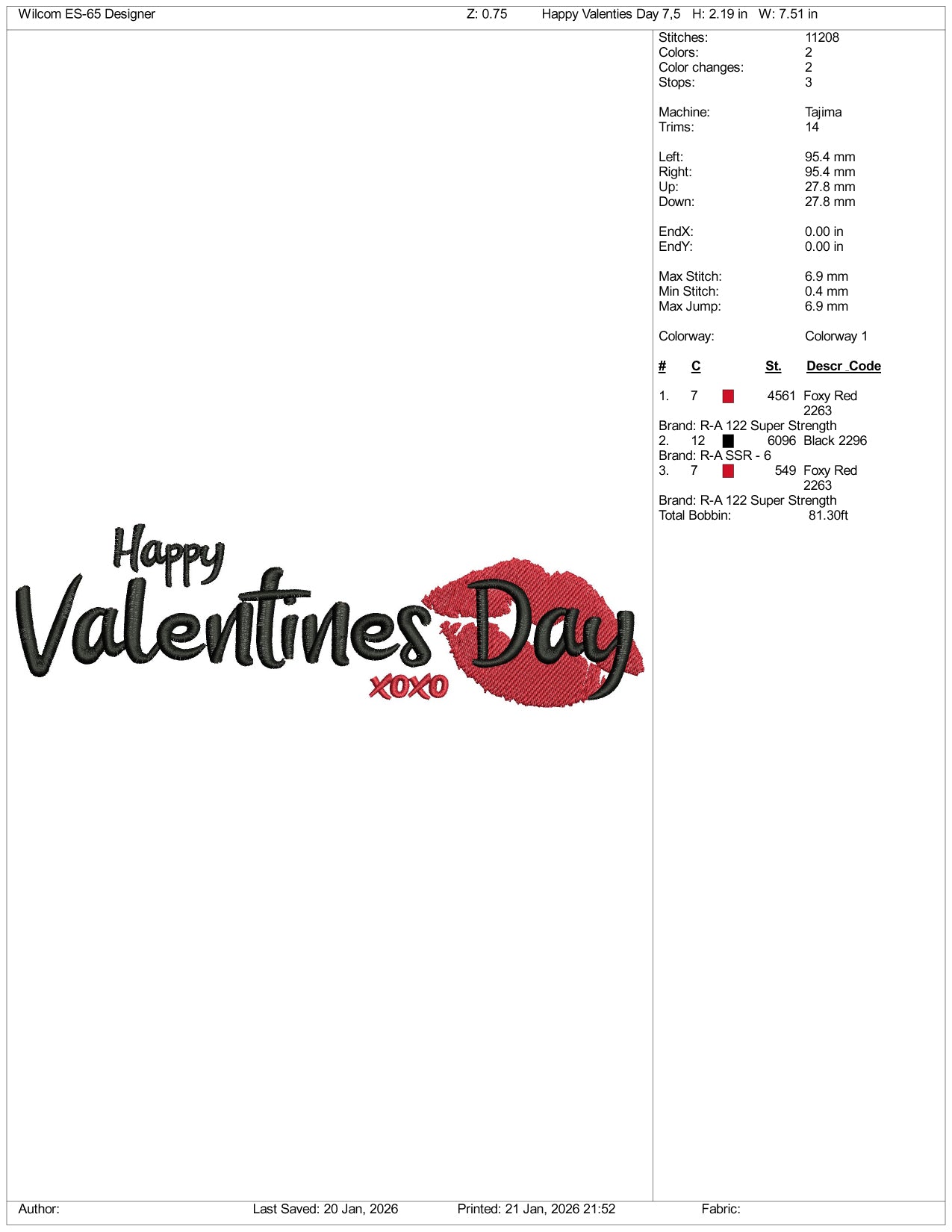 Happy Valentines Day XOXO Embroidery Design Files - 5 Size's