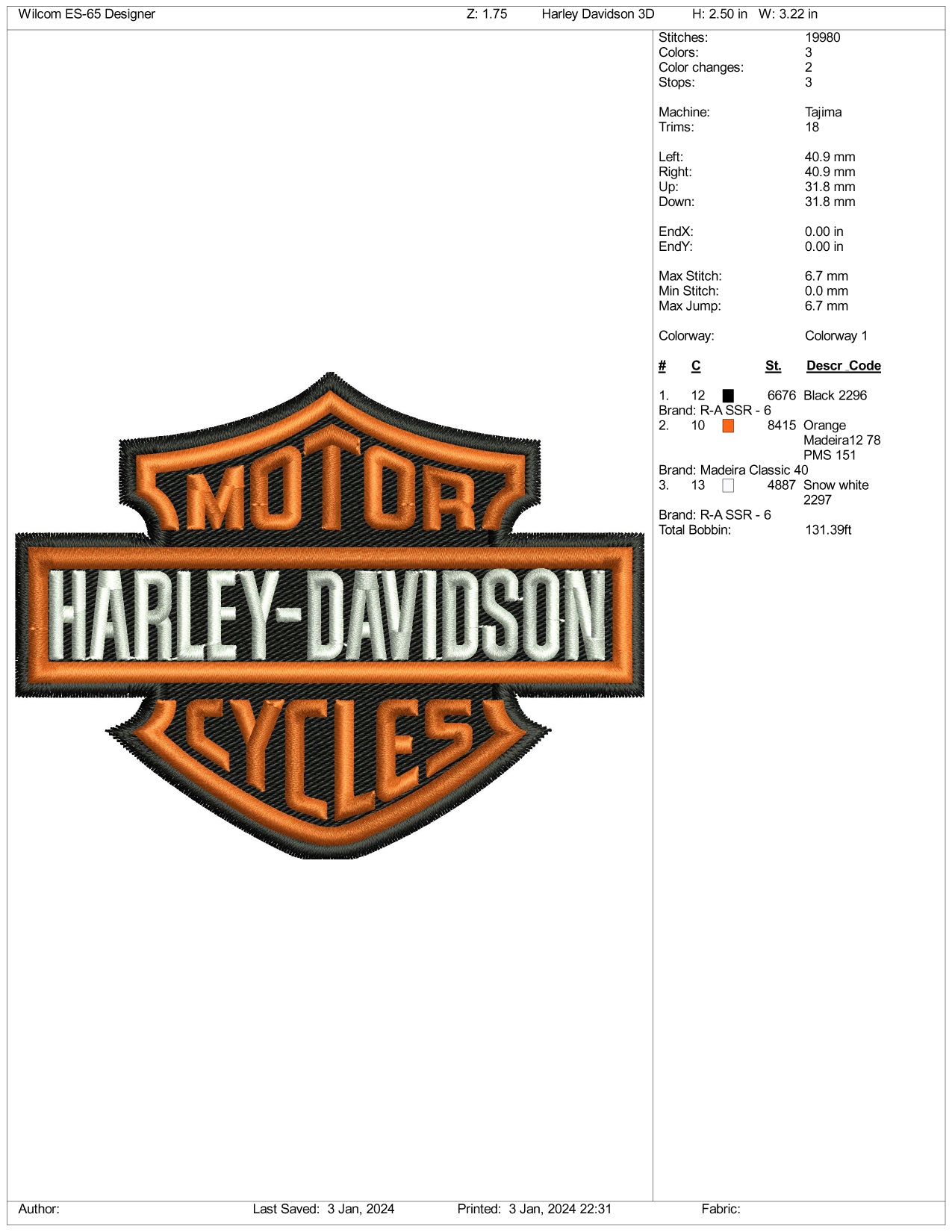 Motor Harley Davidson Cycles Embroidery Design Files - 3 Size's