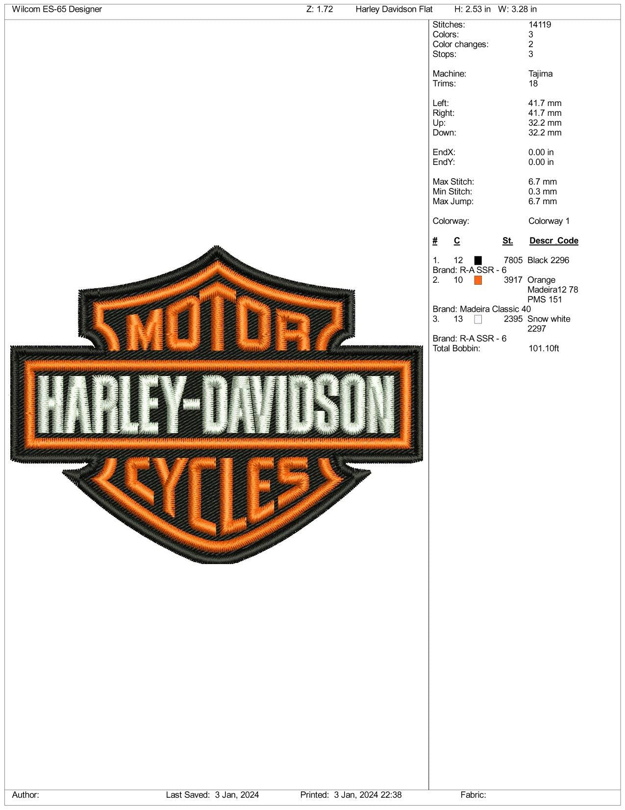 Motor Harley Davidson Cycles 3D Embroidery Design Files - 3 Size's