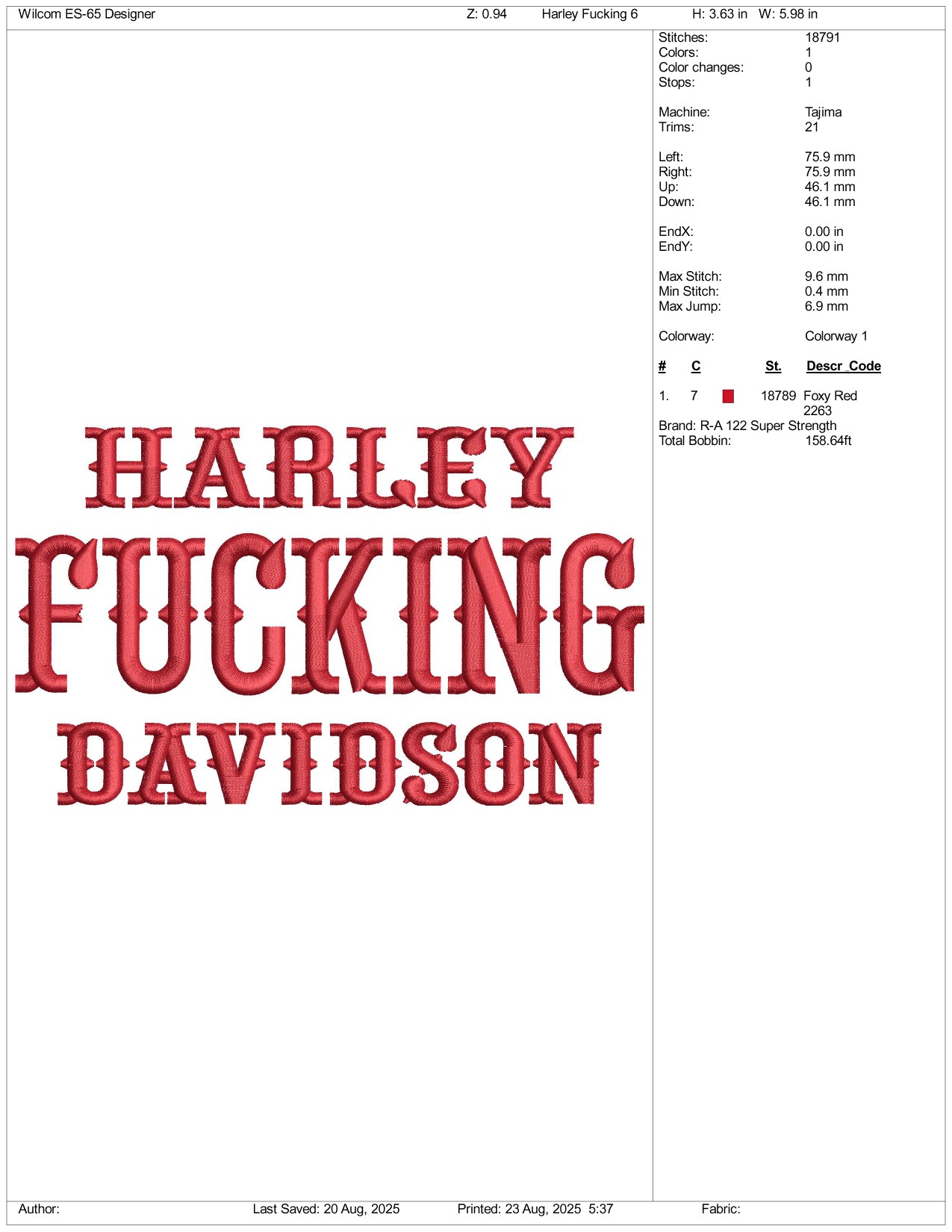 Harley Fucking Davidson Embroidery Files - 3 Size's