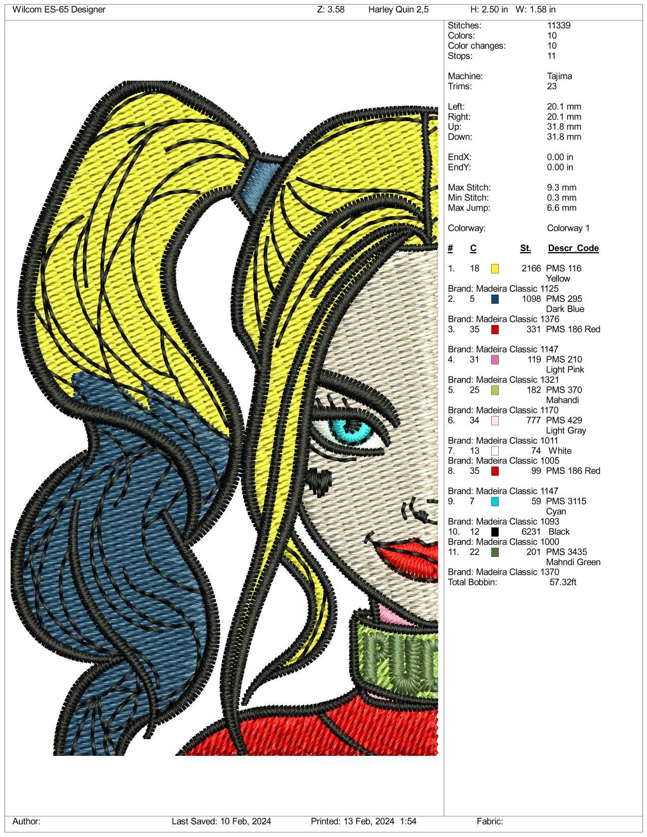 Harley Quinn Half Face Embroidery Design Files - 3 Size's