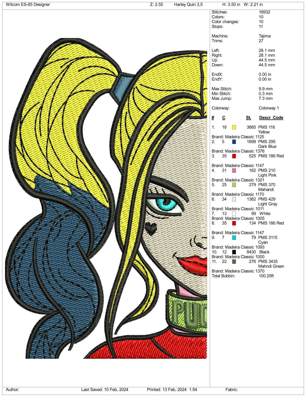 Harley Quinn Half Face Embroidery Design Files - 3 Size's