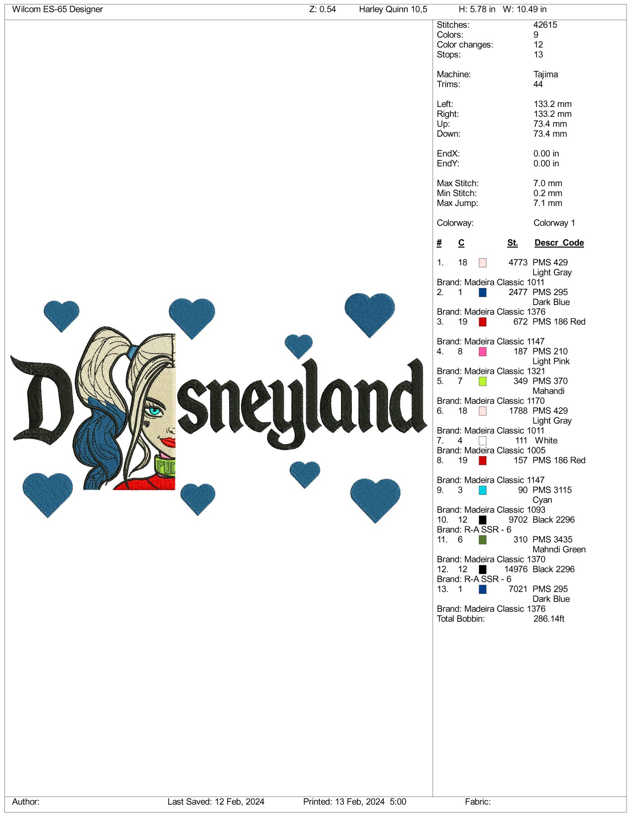 Harley Quinn Half Face Disneyland Embroidery Design Files - 3 Size's