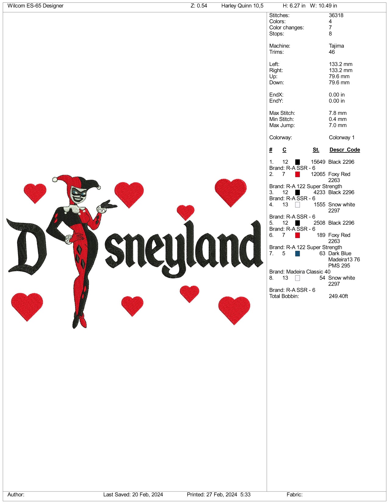 Old Harley Quinn Disneyland Embroidery Design Files - 3 Size's