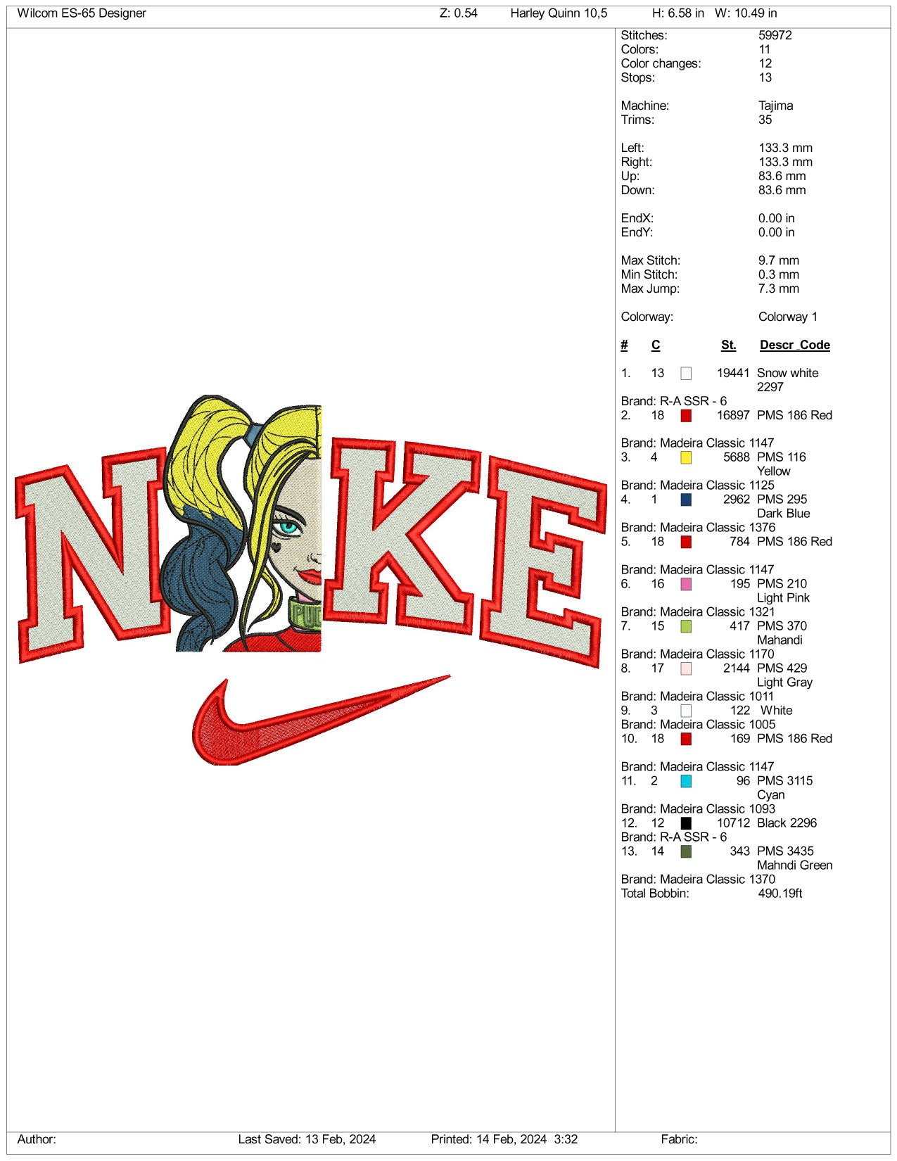 Nike Harley Quinn Half Face Embroidery Design Files - 3 Size's