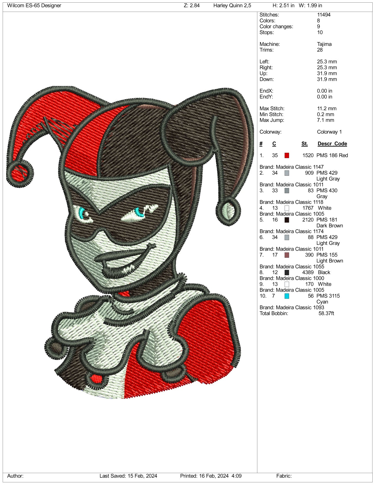 Old Harley Quinn Half Embroidery Design Files - 3 Size's