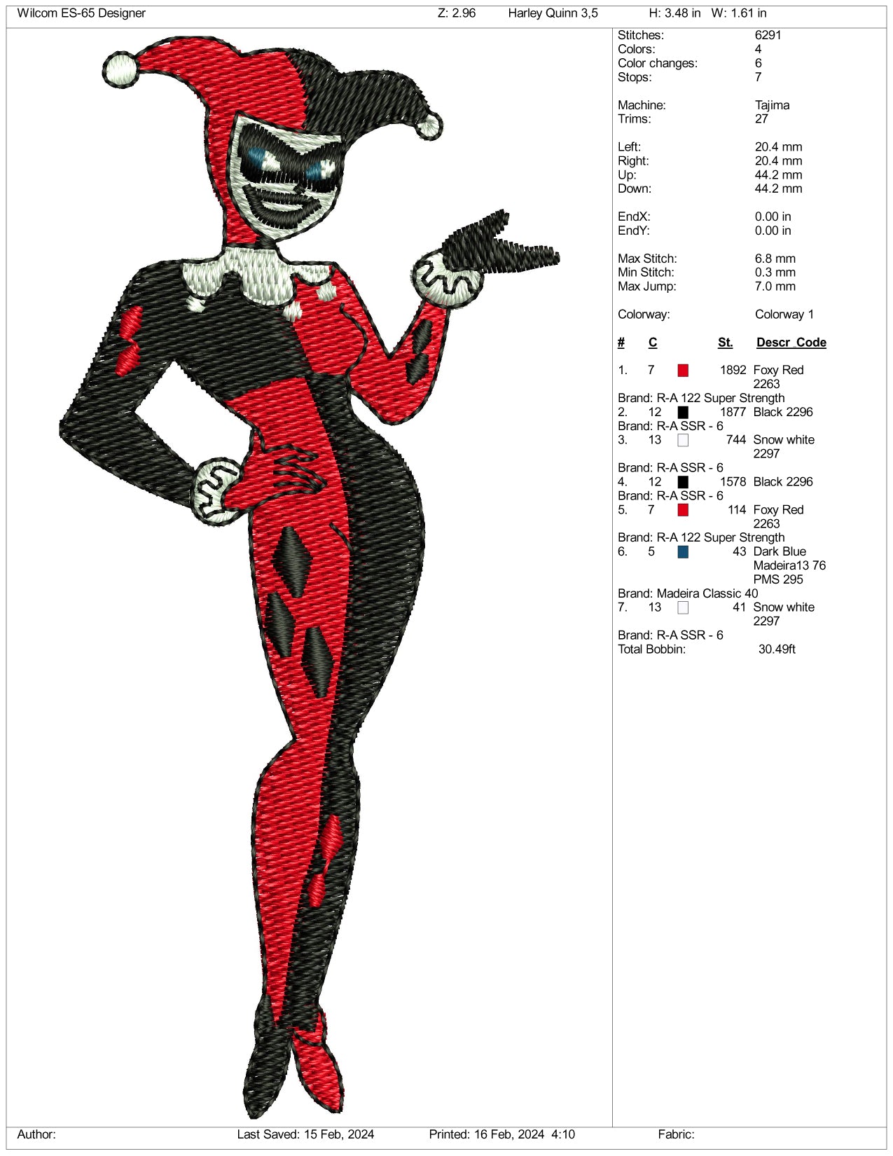 Old Harley Quinn Embroidery Design Files - 3 Size's