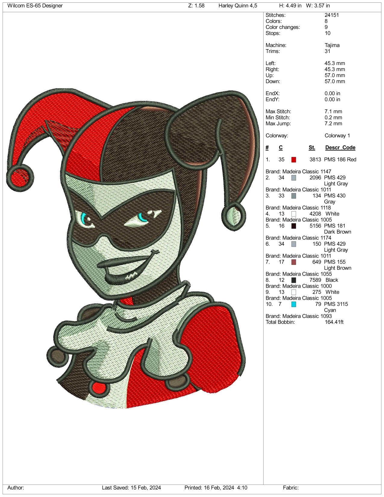 Old Harley Quinn Half Embroidery Design Files - 3 Size's