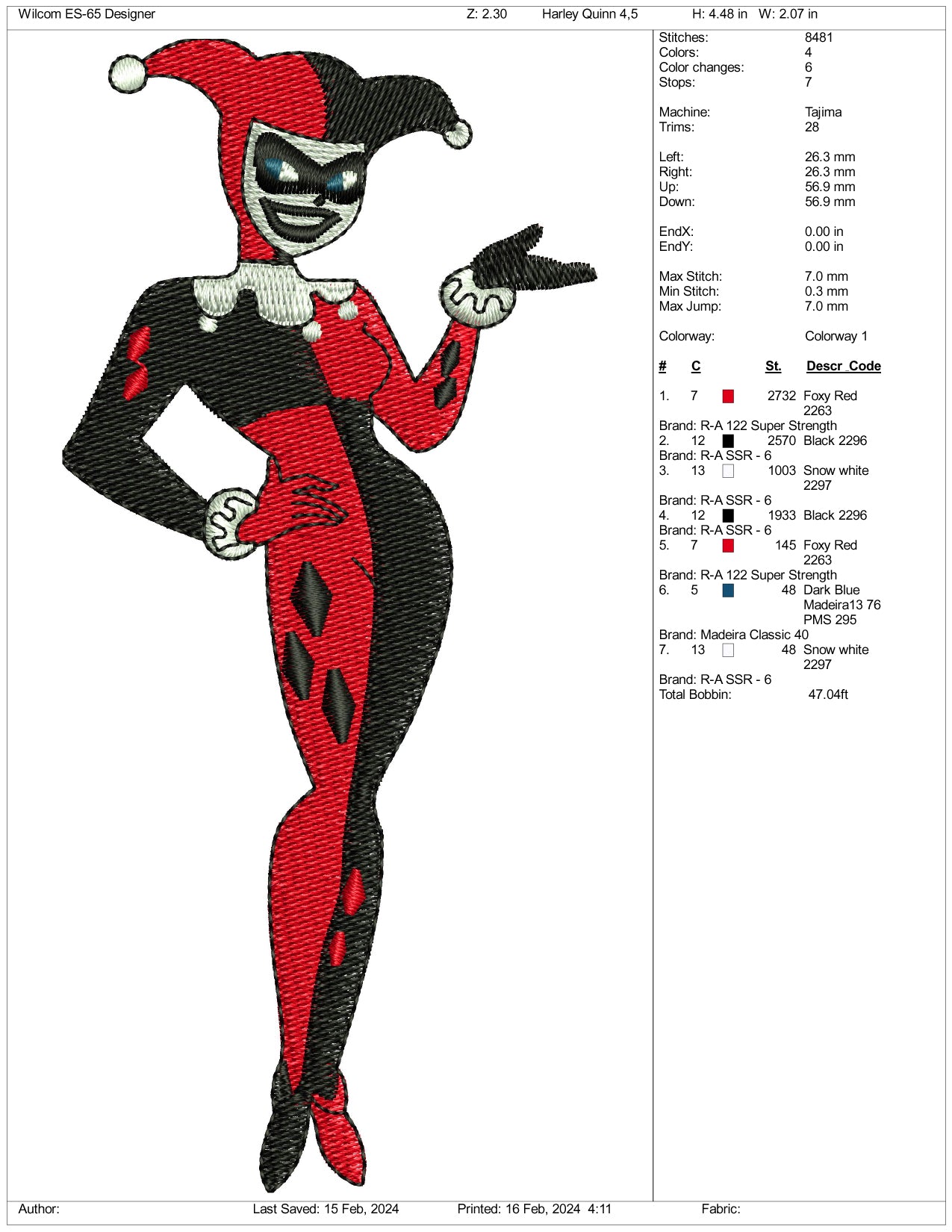 Old Harley Quinn Embroidery Design Files - 3 Size's