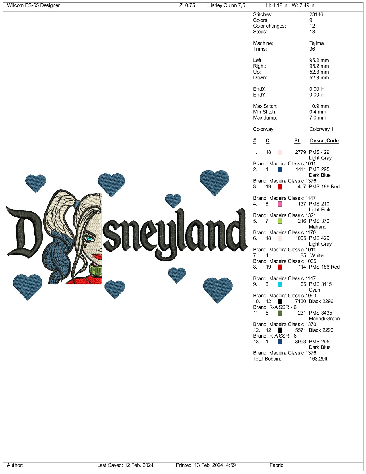 Harley Quinn Half Face Disneyland Embroidery Design Files - 3 Size's