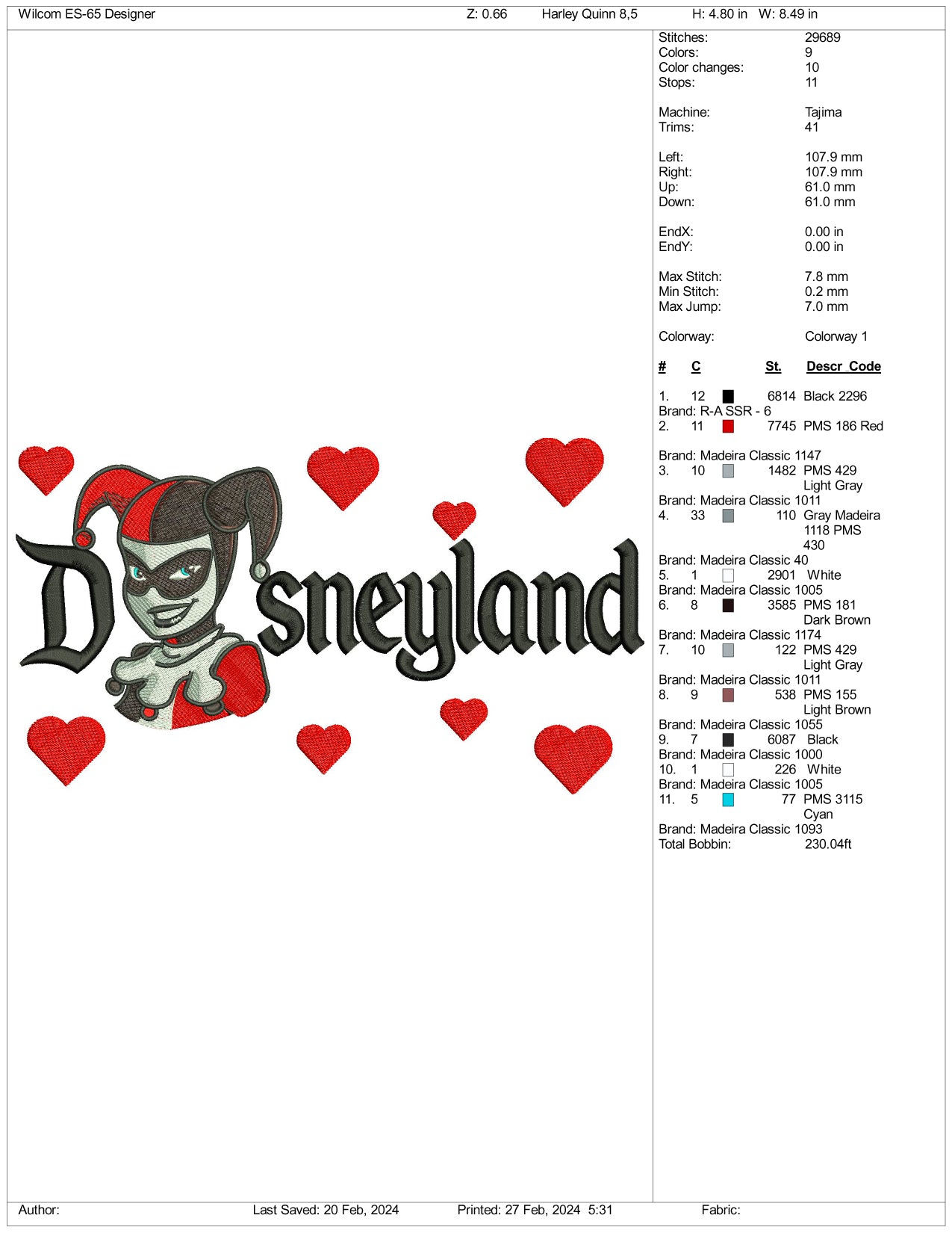 Old Harley Quinn Half Disneyland Embroidery Design Files - 3 Size's