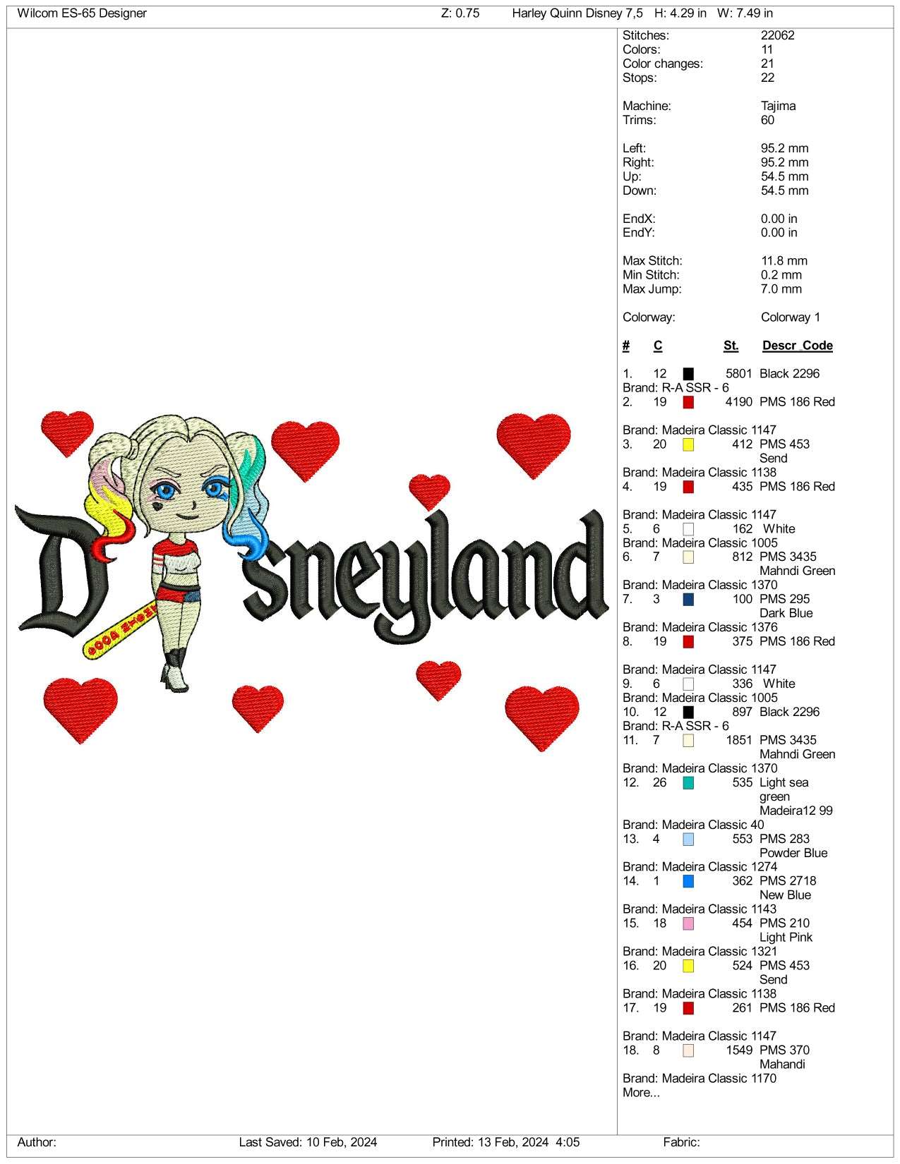 Chibi Harley Quinn Disneyland Embroidery Design Files - 3 Size's