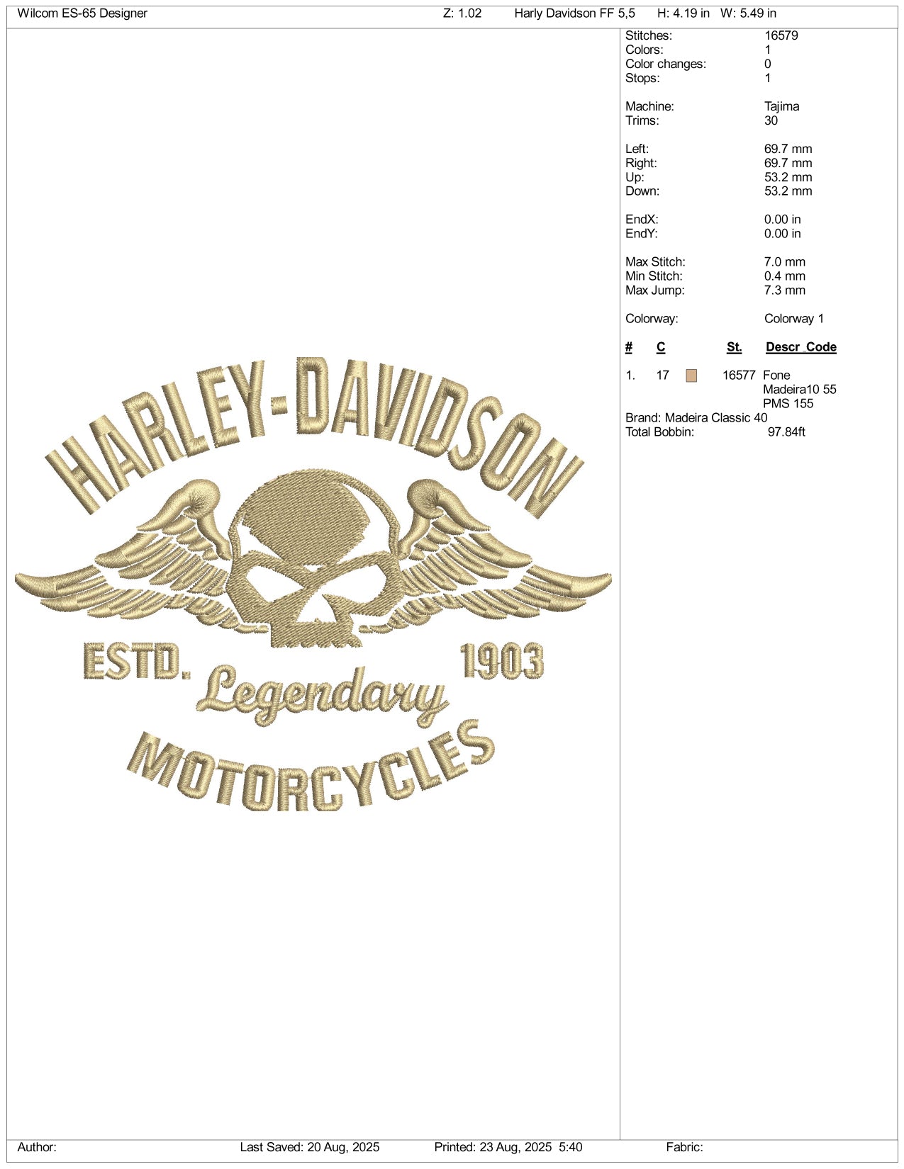 Harley Davidson Legendary Motorcycles Embroidery Files - 3 Size's