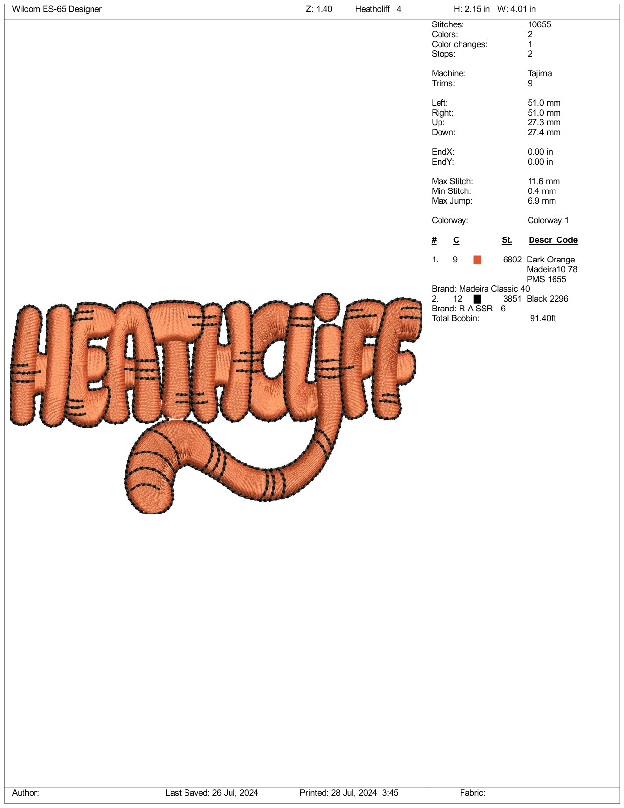 Heathcliff Embroidery Files - 3 Size's