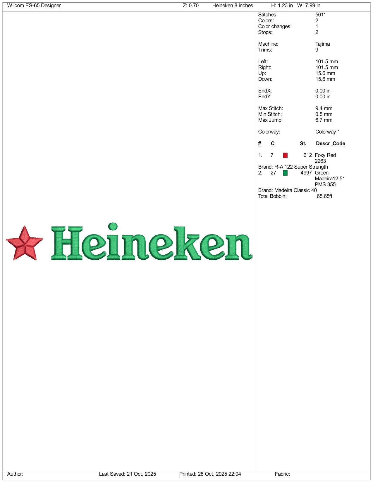 Heineken Logo Embroidery Design Files - 3 Size's