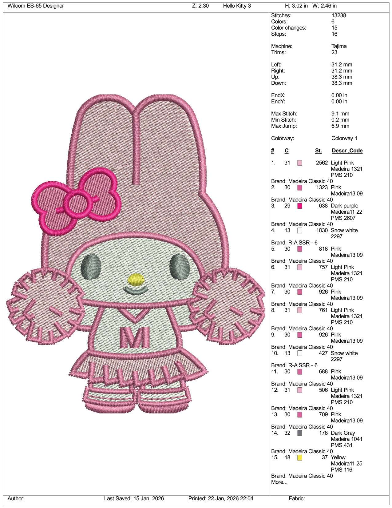 Hello Kitty Cheer Girl Embroidery Design Files - 5 Size's