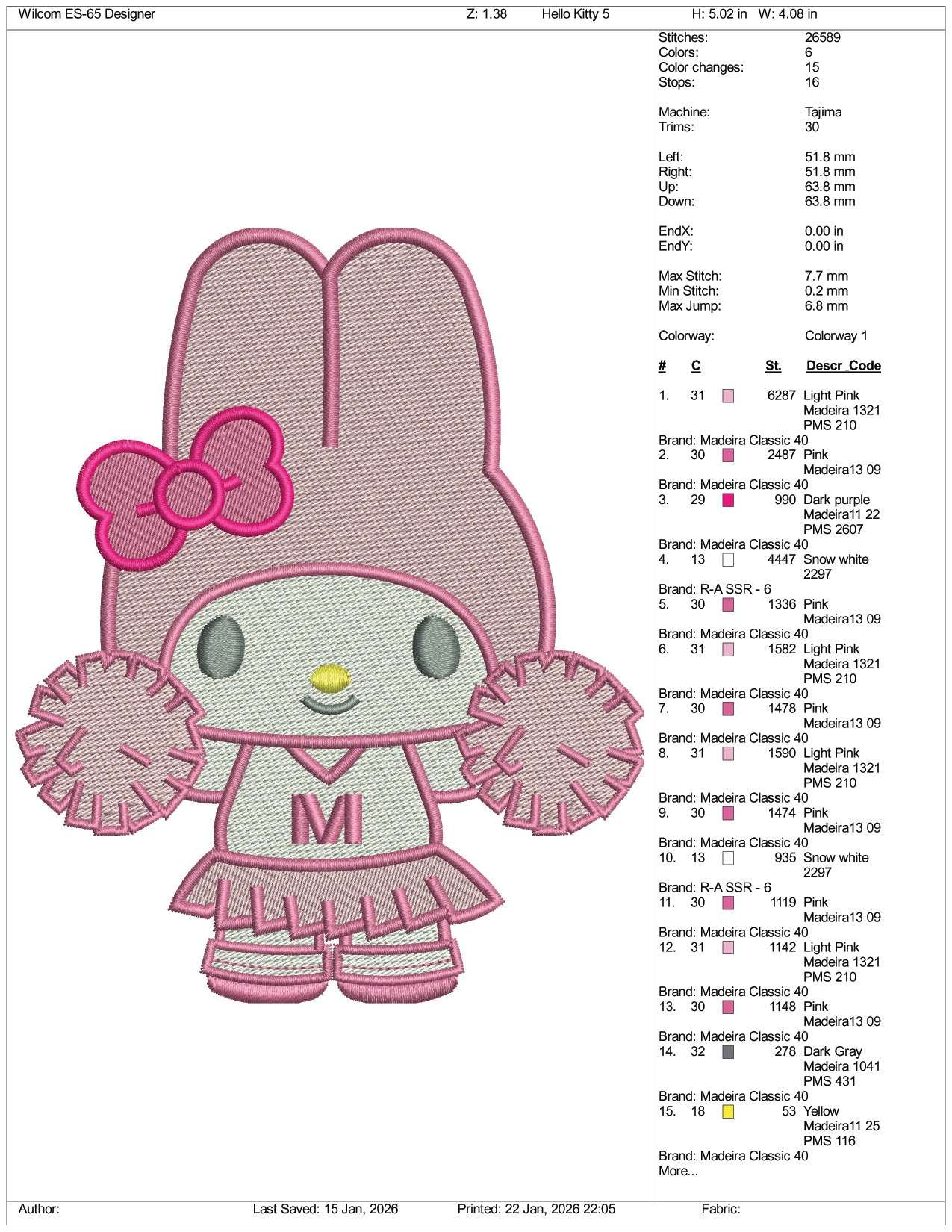 Hello Kitty Cheer Girl Embroidery Design Files - 5 Size's