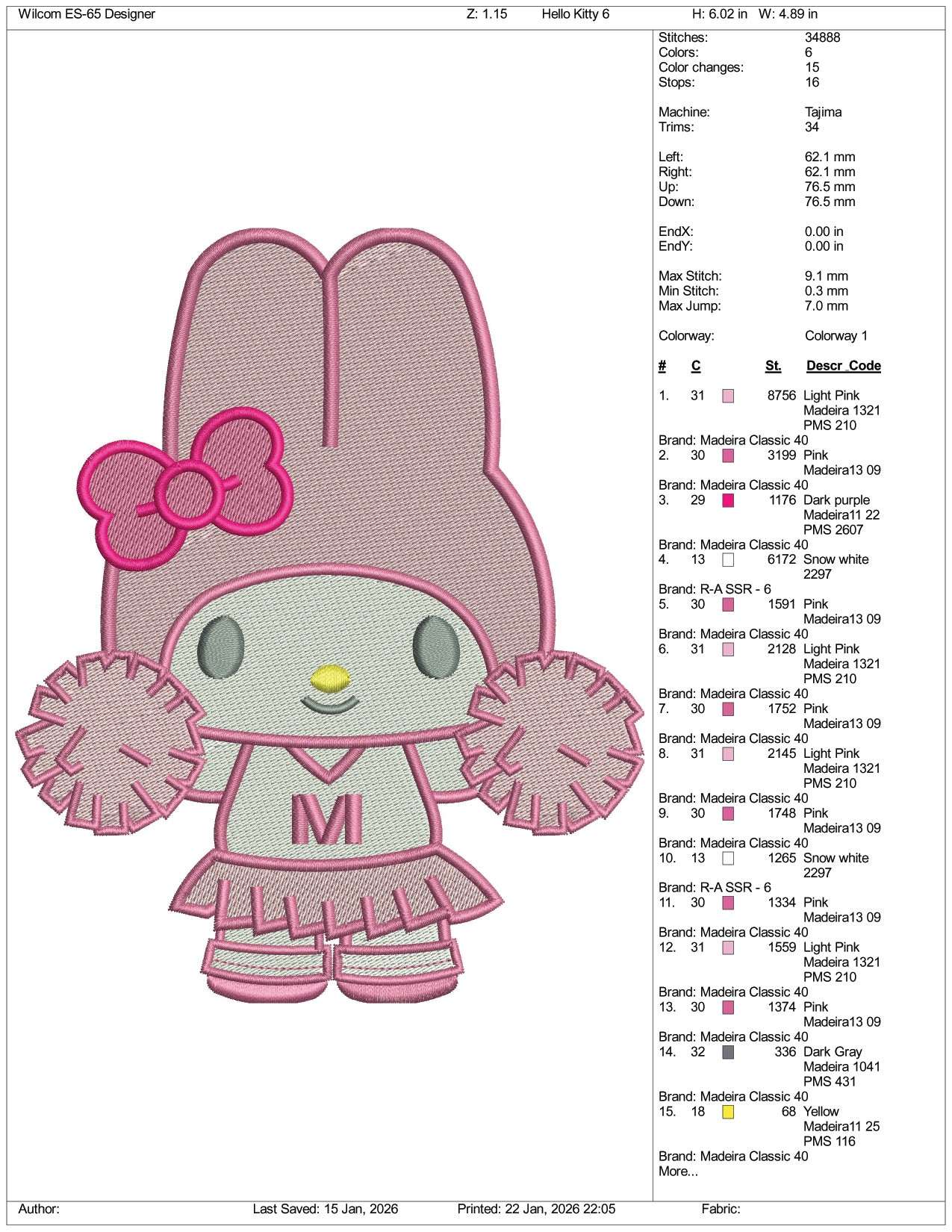 Hello Kitty Cheer Girl Embroidery Design Files - 5 Size's