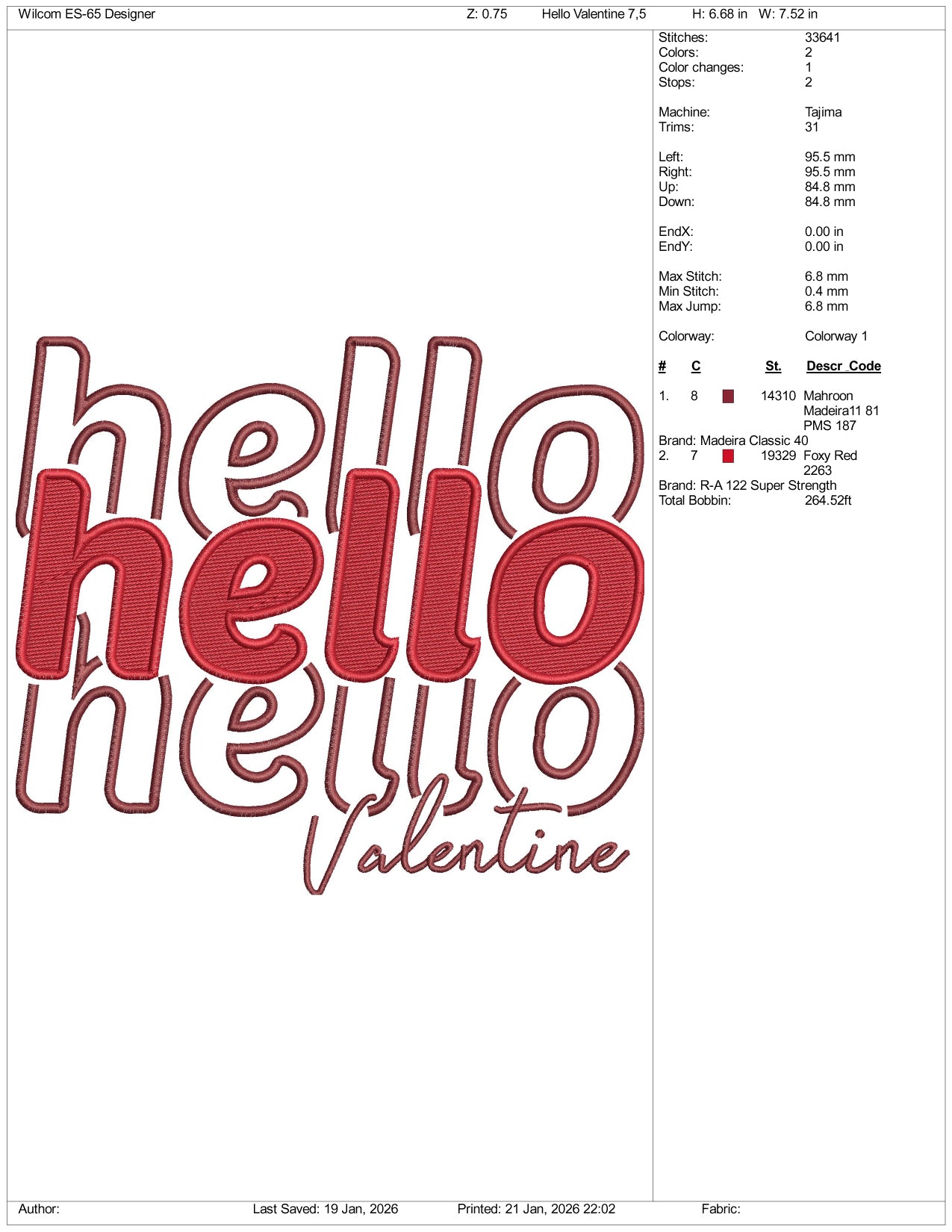Hello Valentine Embroidery Design Files - 4 Size's