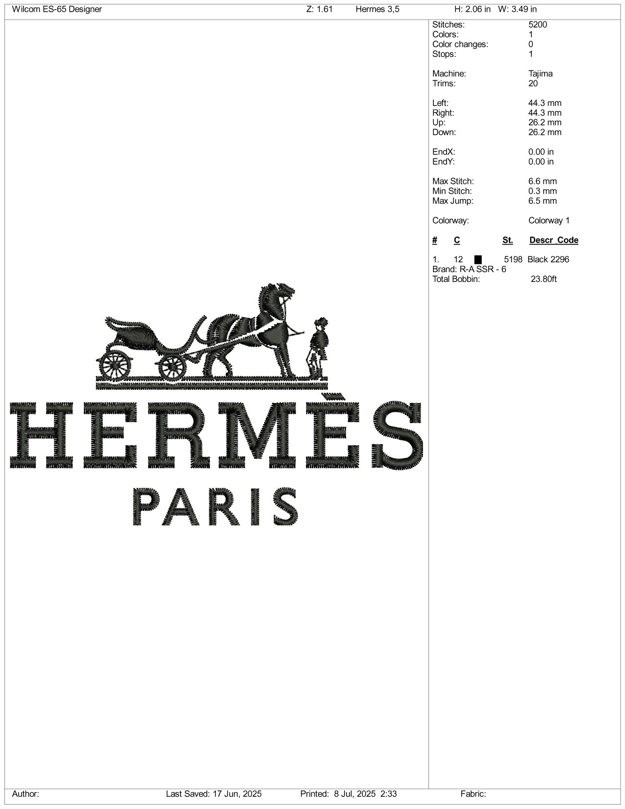Hermes Paris Logo Embroidery Design Files - 3 Size's