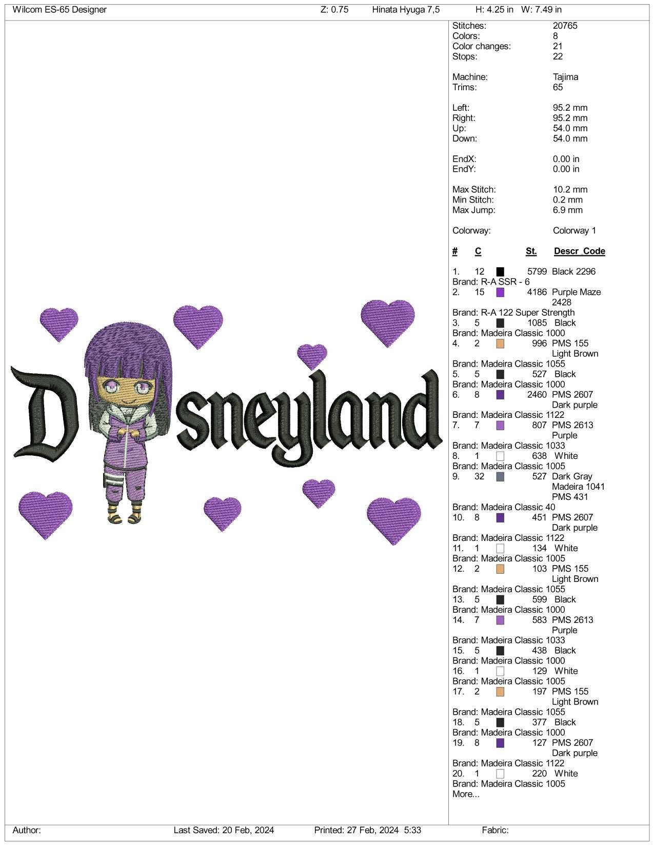 Hinata v2 Disneyland  Embroidery Design Files - 3 Size's