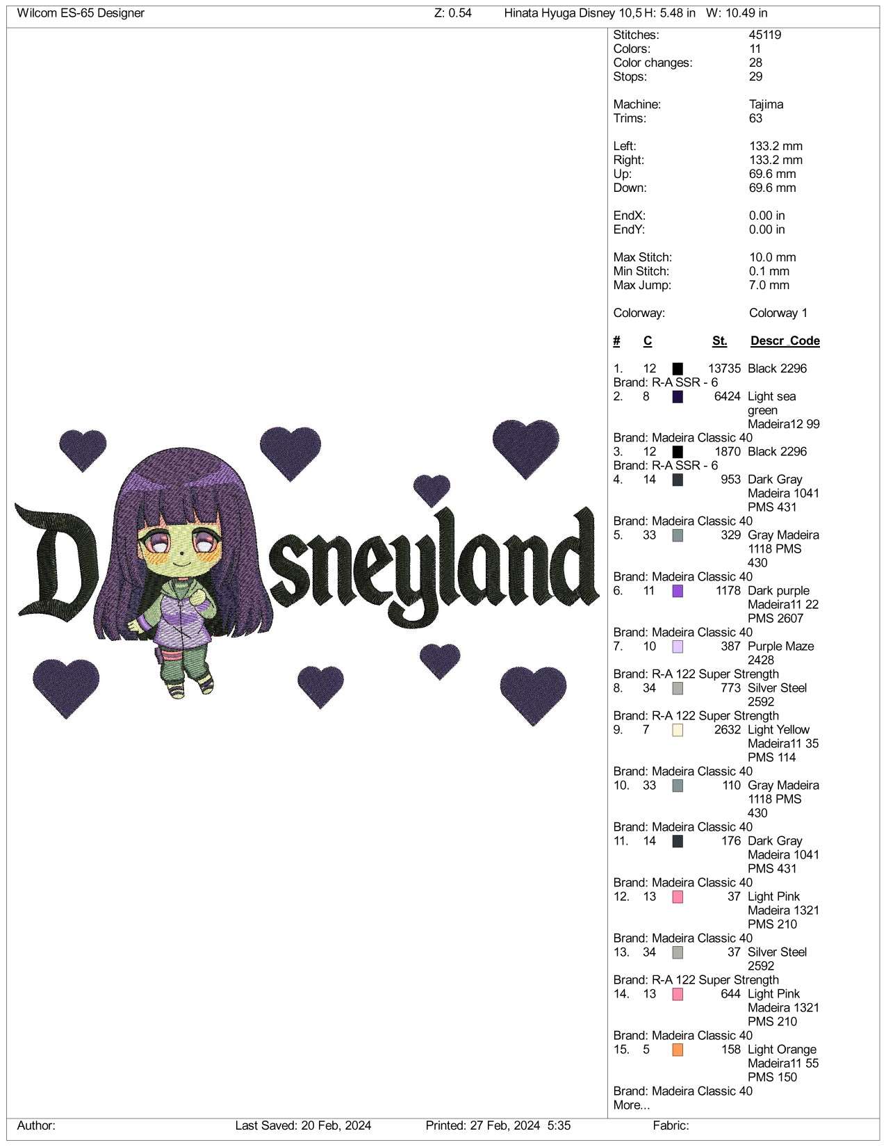 Chibi Hinata Disneyland Embroidery Design Files - 3 Size's