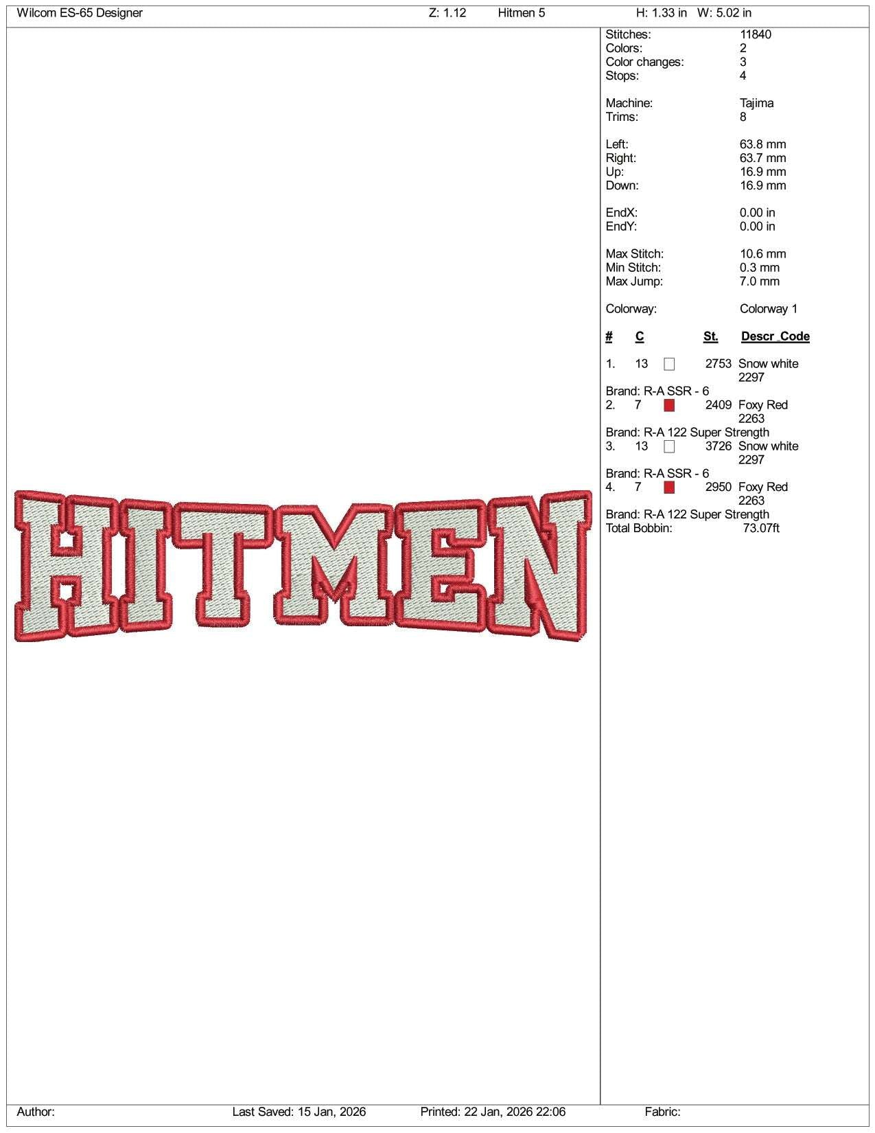 Hitmen Logo Embroidery Design Files - 5 Size's