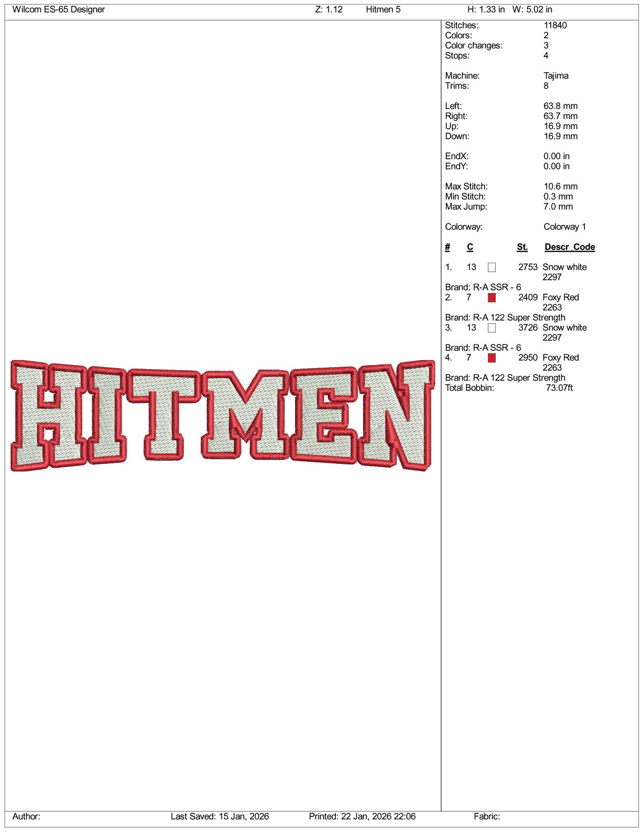 Hitmen Logo Embroidery Design Files - 5 Size's