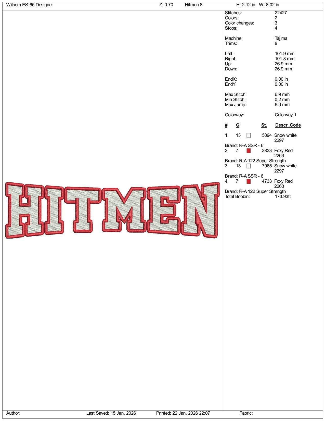 Hitmen Logo Embroidery Design Files - 5 Size's