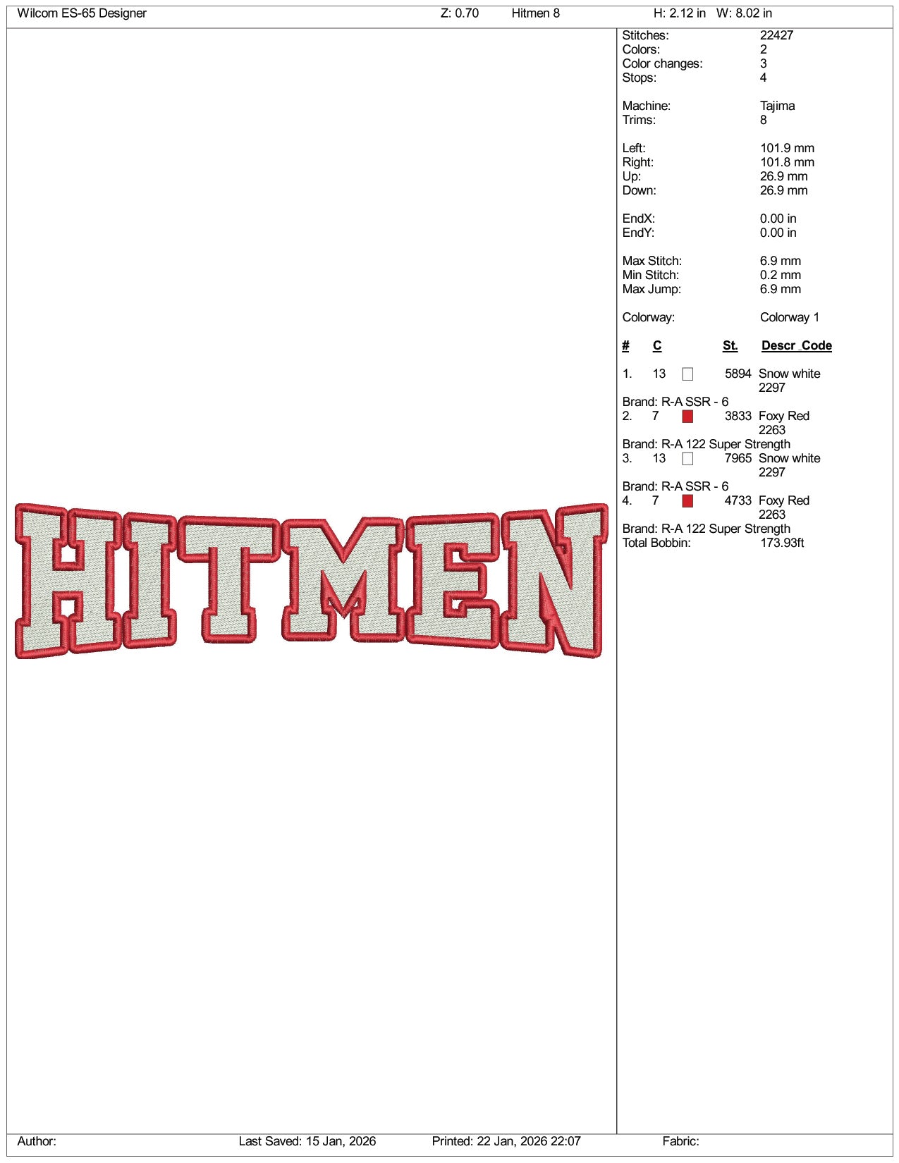 Hitmen Logo Embroidery Design Files - 5 Size's