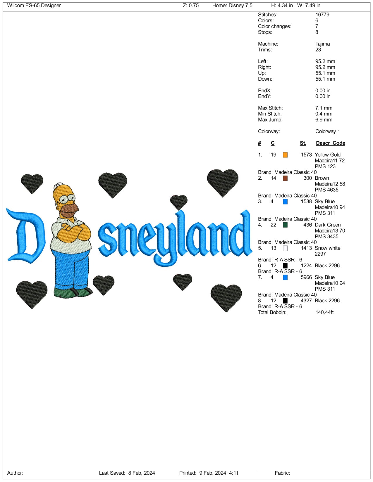 Homer Simpson Disneyland  Embroidery Design Files - 3 Size's