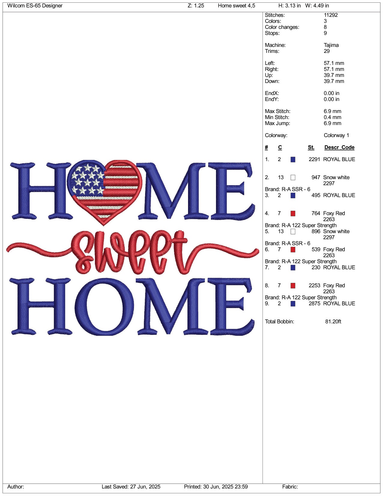 USA Home Sweet Home Embroidery Design Files - 3 Size's