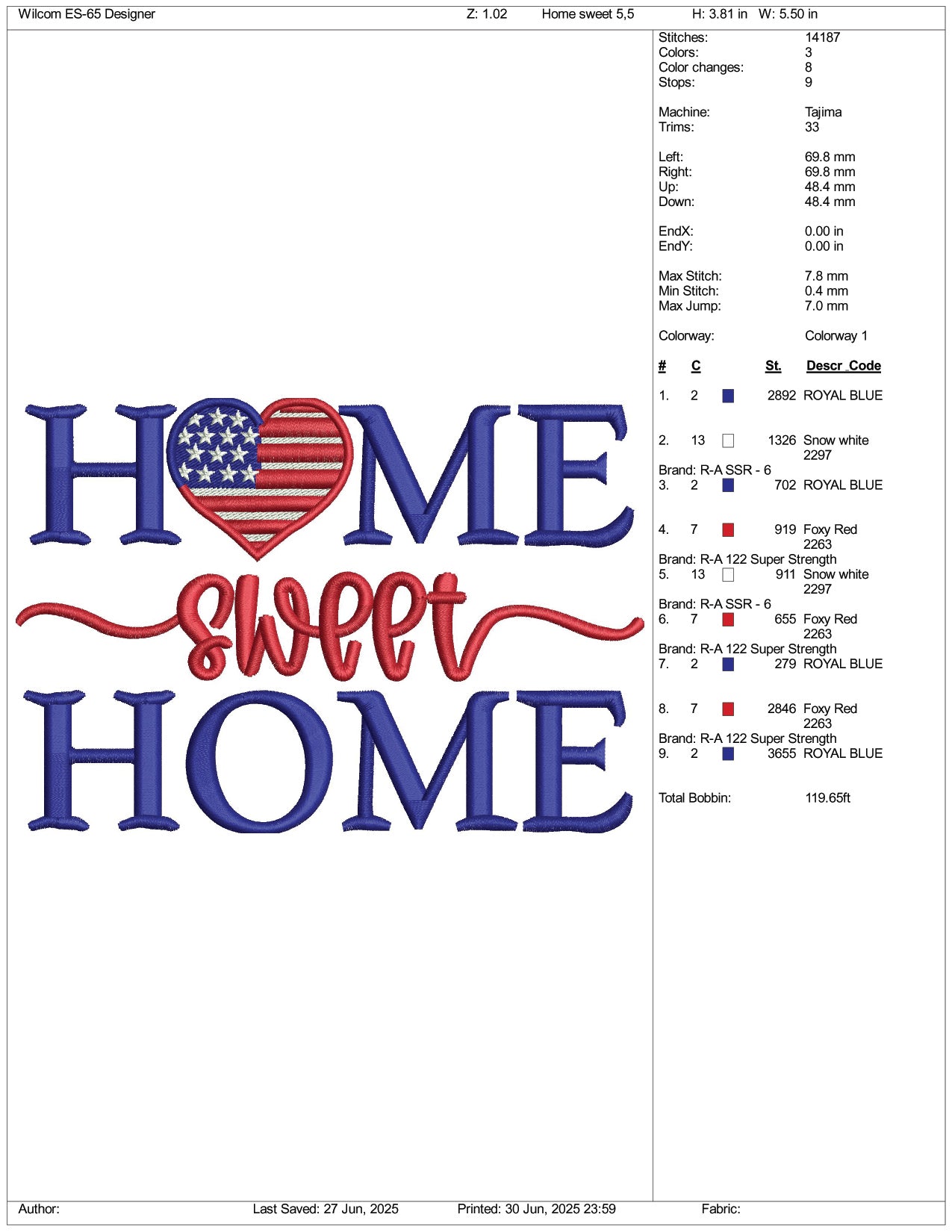 USA Home Sweet Home Embroidery Design Files - 3 Size's