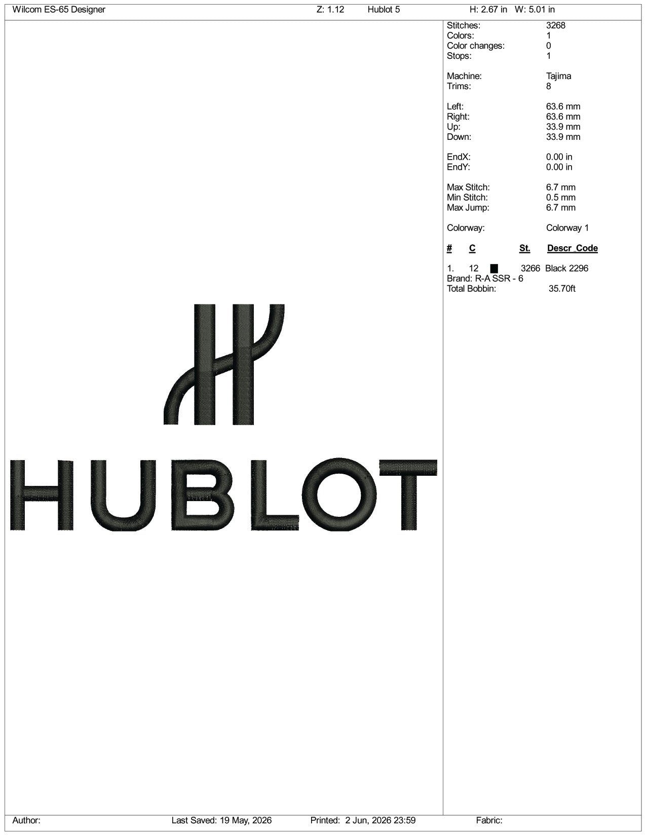 Hublot Logo Embroidery Design Files - 3 Size's