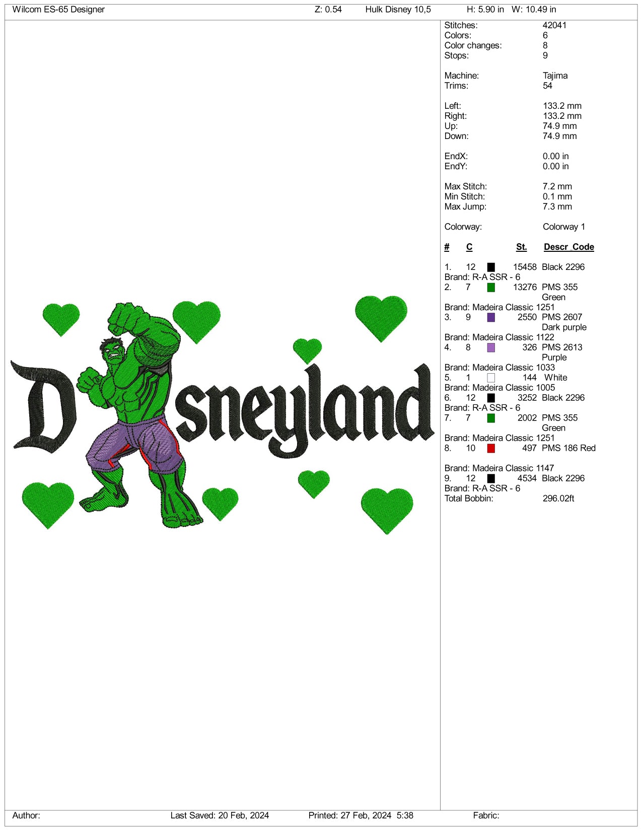 Hulk Disneyland Embroidery Design Files - 3 Size's